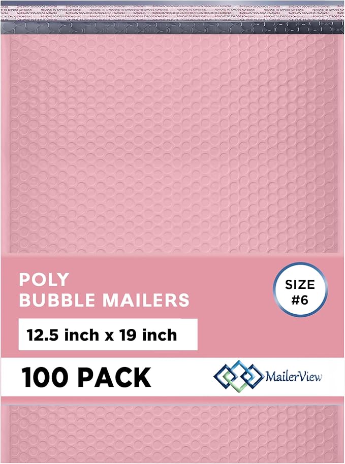 Light Pink Bubble Mailers 12.5x19.5 Poly Padded Envelopes #6 100 Pack | Holds Clothing & Bulk Items, Self-Seal Closure, Cushioned Protection, Water-Resistant Poly, Bulk Pack