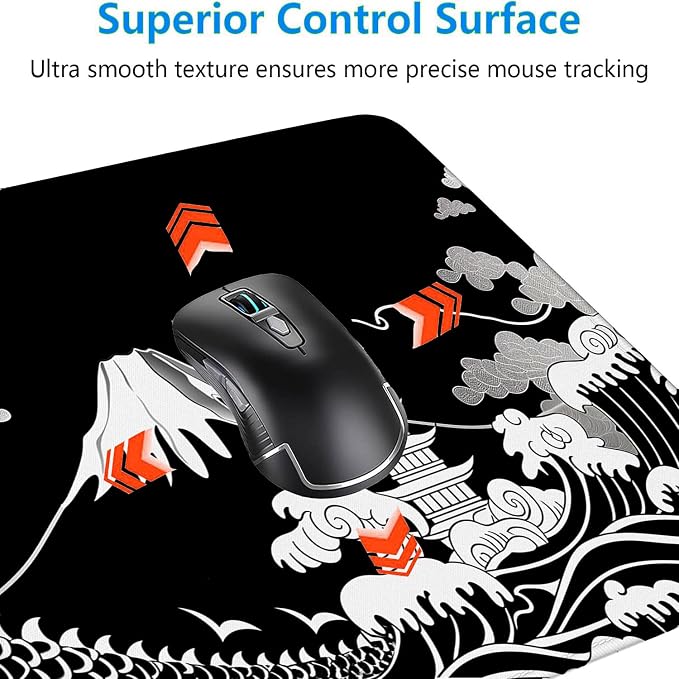 Dragon Desk Mat Gaming Mouse Pad Black White Japanese Sea Wave Extended Gaming Mouse Pad Mat with Stitched Edge Non-Slip Base Big Mouse Pad Office Computer Keyboard Laptop Home 31.5"x11.8"