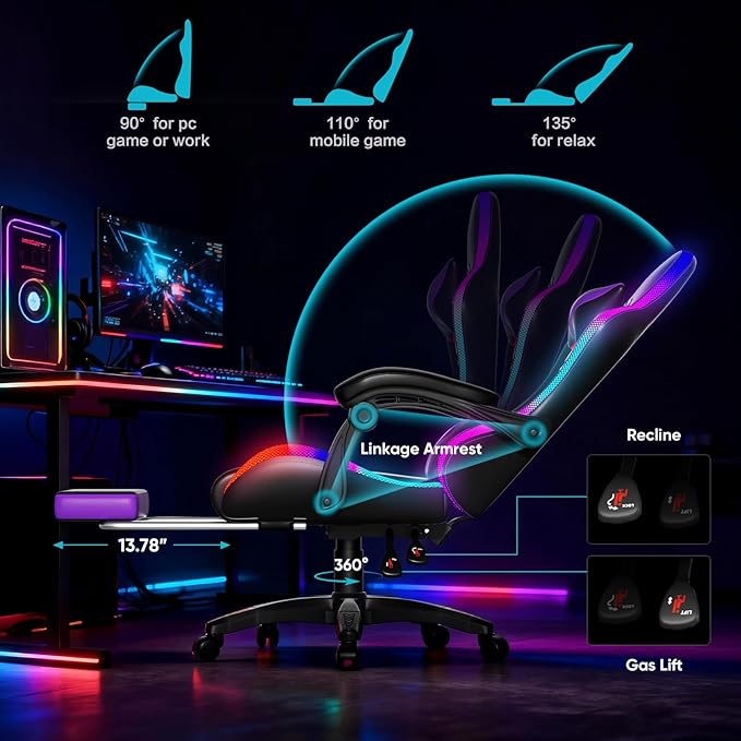 Gaming Chair, RGB LED Lights Computer Chair with Footrest, Lumbar Support Massager Gamer Chair, High Back, 90-135° Reclining, Linkage Armrests, Purple