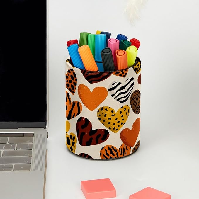 Leather Pen Holder for Desk, Leopard Heart Pencil Cup Pen Organizer Makeup Brush Holder for Office Home Kids Countertop Desk Accessory Storage