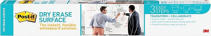 Post-it Dry Erase Whiteboard Film Surface for Walls, Doors, Tables, Chalkboards, Whiteboards, and More, Removable, Stain-Proof, Easy Installation, 3 x 2 ft Roll (DEF3x2)