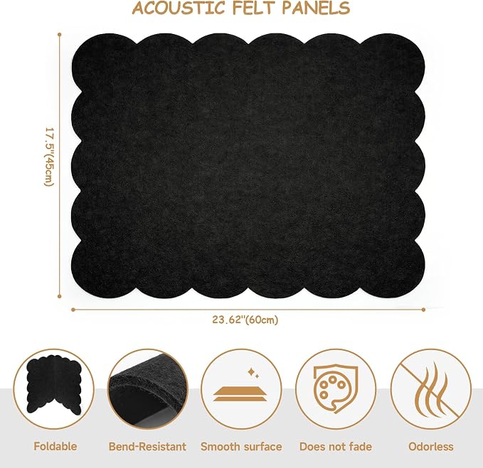 Felt Bulletin Board 24" x 18" Cork Board Alternative,Decorative Felt Pin Board Foldable Cork Boards for Walls Self-Adhesive Cork Board for Home Office Classroom Pin Board (Black)