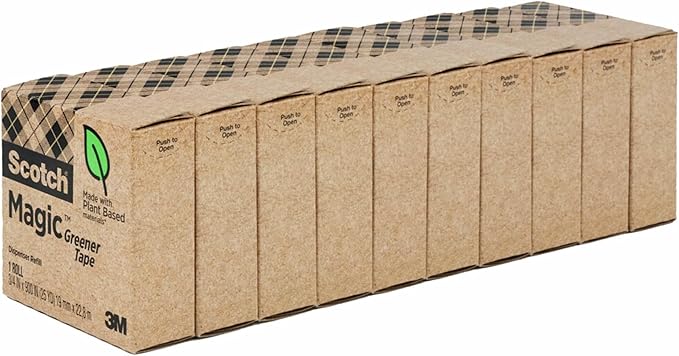 Scotch Magic Greener Tape, Invisible Tape for Fixing Paper, Office Supplies and Back to School Supplies, 0.75 in .x 900 in., 10 Rolls