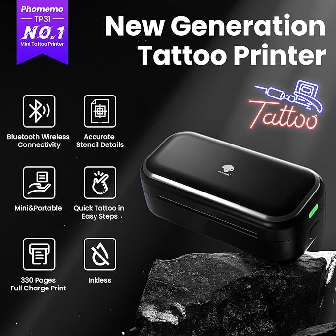Phomemo TP31 Tattoo Stencil Printer, Mini Temporary Tattoo Maker with 30pcs Transfer Paper,Bluetooth Tattoo Machines Printers for Tattoo Beginners & Artists,DlY,Parties,Gifts. Deep Black