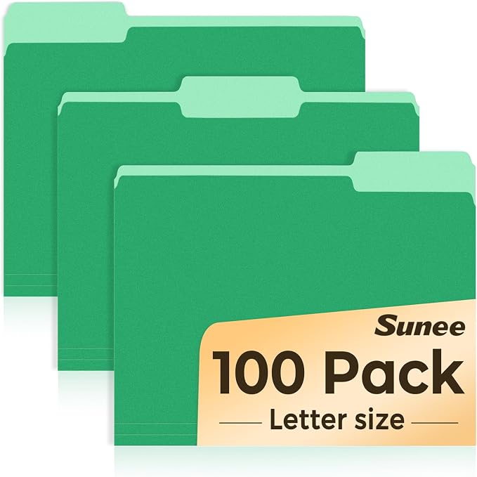SUNEE File Folders Letter Size Green, 100 Pack Manilla Folders 8.5 x 11 1/3-Cut Tabs, Colored File Folders Office Home School for Documents Files Paper