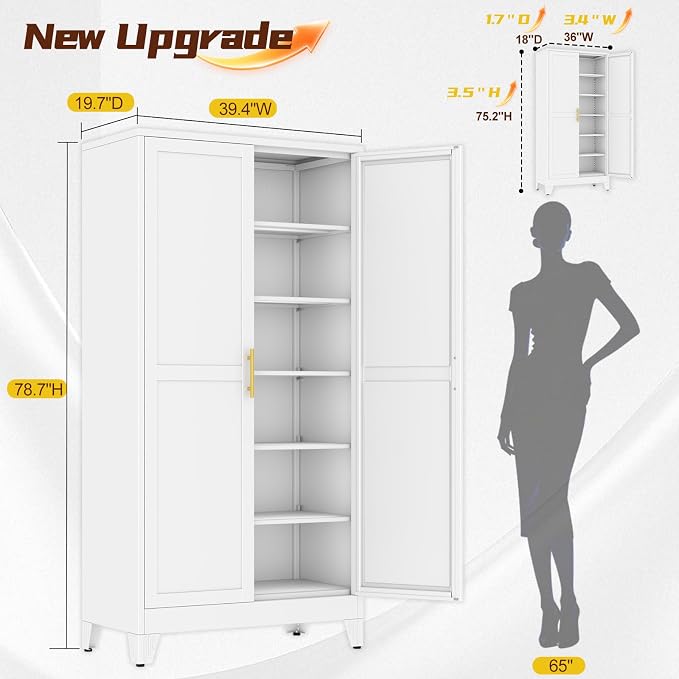 PAOFIN 79" Tall White Kitchen Pantry Cabinet, Metal Storage Cabinet | with 2 Doors and 5 Adjustable Shelves, Steel Freestanding Wider Cupboard for Kitchen Dining Bathroom Bedroom(New Update)