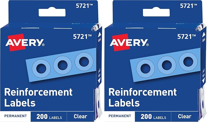 Avery Self-Adhesive Hole Reinforcement Stickers,1/4" Diameter Hole Punch Reinforcement Labels,Clear,Non-Printable,200 Labels (5721),(Pack of 2)