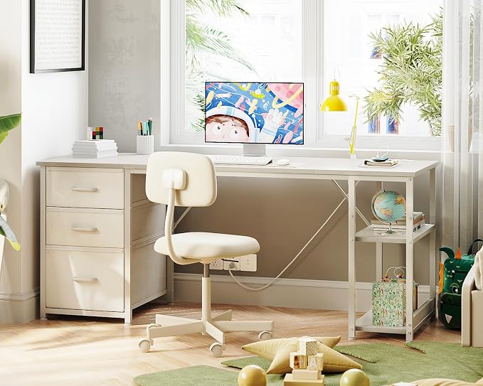 AODK 63 Inch Computer Desk with Drawers & USB Power Outlets | Reversible Home Office Desk with Storage Shelves, Work from Home, Modern Work/Writing/Study Table for Bedroom, White