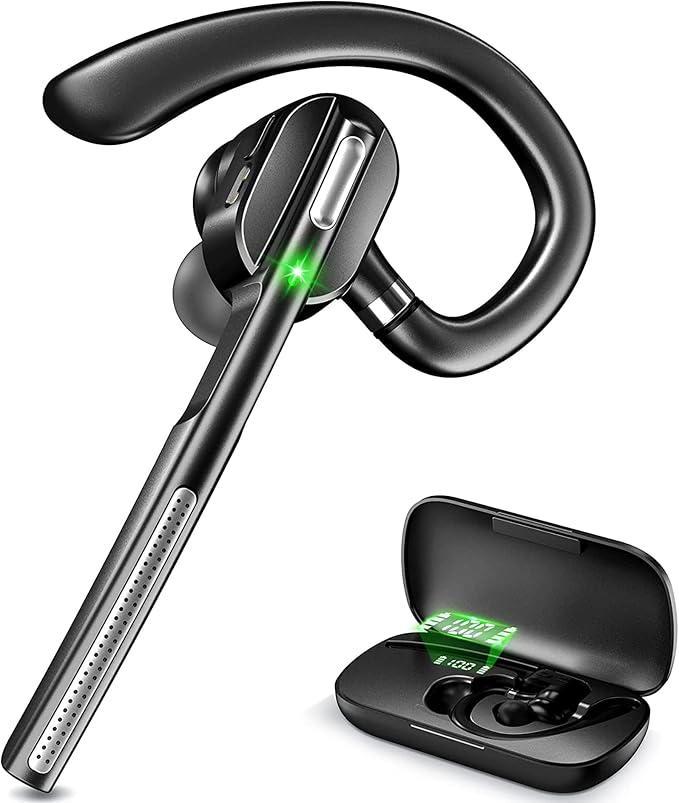 Soothielec Bluetooth Headset, Wireless Headset with Battery Display Charging Case, Bluetooth Earpiece with Noise Canceling Mic for Driving, Office, Business, Compatible with Cell Phone and PC