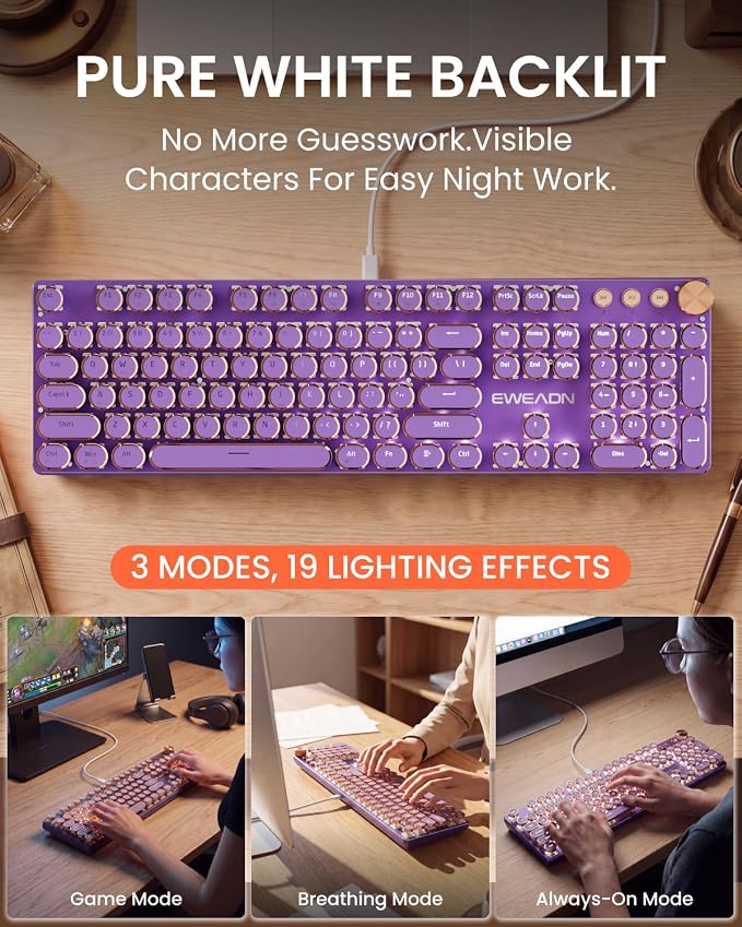 EWEADN Wired Typewriter Mechanical Keyboard, Low Noise Pink Switch Retro Punk Keyboard with Media Knob, White Backlit, Metal Panel, 104-Key Round Keycaps Cute Keyboard for Windows PC -Purple