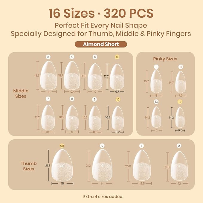 Beetles Short Almond Nail Tips, 320pcs 16 Sizes(00-14), Pre-Etched Half-Matte Full Cover Soft Gel Nail Tips Flat-X, Clear Press On False Nail Supplies, Easy DIY Nail Extension Salon Gift for Women