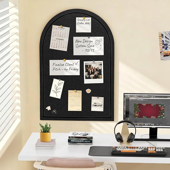 Arched Felt Bulletin Board, Sized 36" x 24" Cork Board Alternative Grooved Edge Foldable for Office & Wall, Foldable Picture Self-Adhesive Boards with Pins Hooks for Photo Display School Home, Black