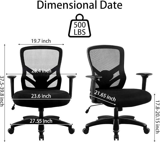 YFO Big and Tall Office Chair 500LBS - Computer Desk Chair with Adjustable Lumbar Support, Heavy Duty Ergonomic Mesh with 360 Rotation 2D Arm and Extra Wide Comfty Seat, Quiet Wheels for Adults, Black