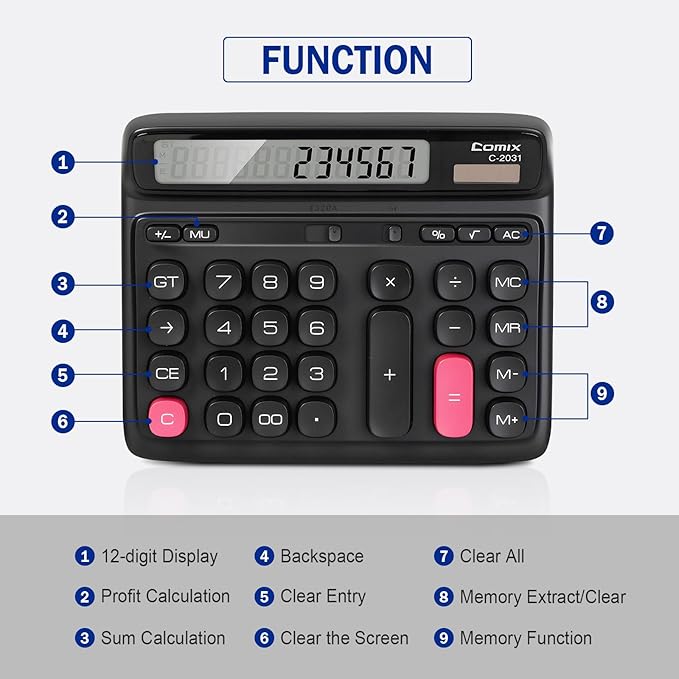 Comix Desk Calculator with 12 Digits Large LCD Display, Solar Battery Dual Power, Large Computer Keys Basic Calculator for Home Office School