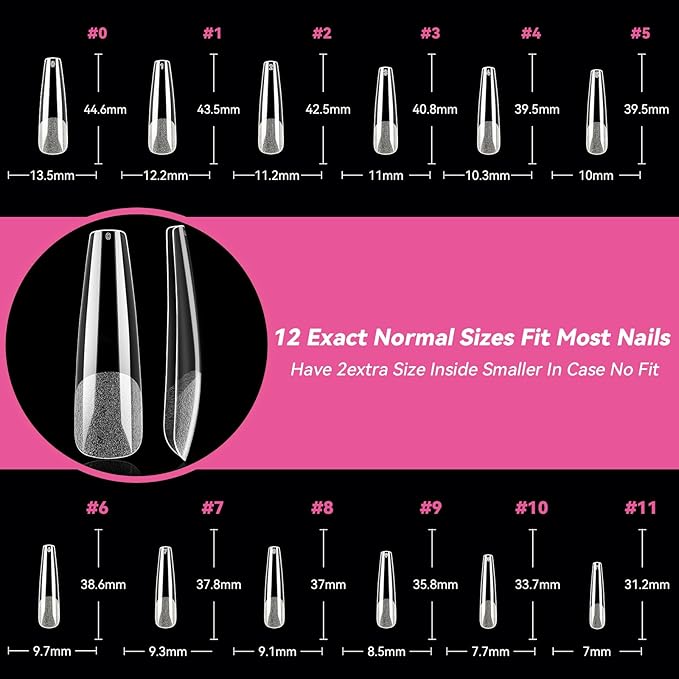UNA GELLA Extra Long Coffin Nail Tips XXL Soft Gel Nail Tips 216pcs Coffin Pre-shape Press On Nails No C Curve Full Cover Ballerina Nail Tip Clear Fake Nail for Acrylic Nail Soak Off DIY Salon 12Sizes