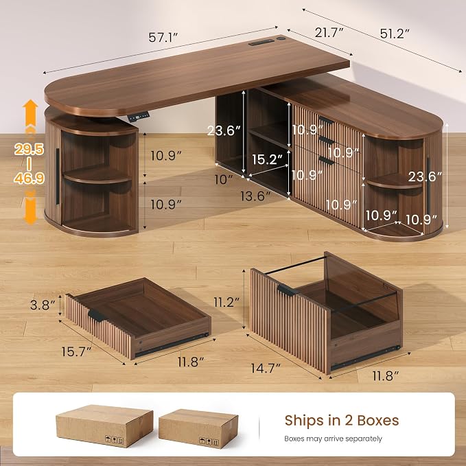 SEDETA 57" L Shaped Standing Desk with Storage, Electric Height Adjustable Curved Executive Desk, Fluted Desk with Drawers & Power Strip for Home Office, Brown
