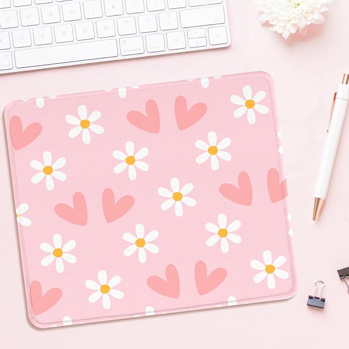 Seorsok Square Mouse Pad Cute Pink Heart and Flower,Office Home Personalized Premium-Textured Mouse Mat Design,Waterproof Mousepad,Non-Slip Rubber Base Computer Mouse Pads for Wireless Mouse