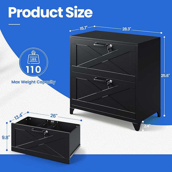 MIIIKO 2 Drawer File Cabinet with Lock,Metal Lateral Filing Storage Cabinets for Home Office,Files Folders Letter/Legal/A4 Size(Black)