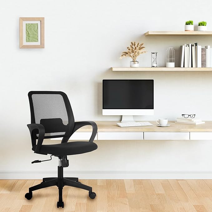 NEO Chair Office Desk Ergonomic Mesh Computer Chair with Lumbar Support Adjustable Height Swivel Rolling Wheels Comfy Mid Back Task Chair for Home Bedroom Vanity Study (Black)