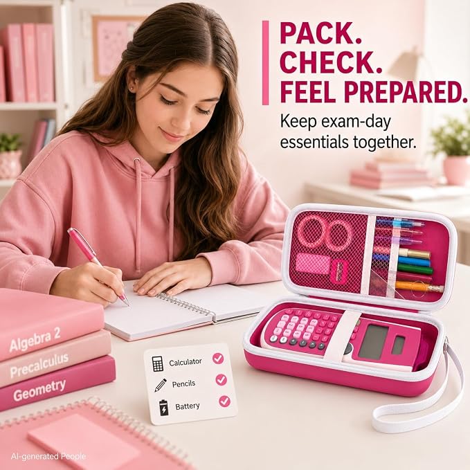 Pink Calculator Case for TI-30XS/TI-30XIIS/TI-30Xa/TI-36X Pro | Hard EVA Shell, Two-Layer Mesh Pockets, Elastic Holder, Wrist Strap, 7.48 x 3.23 x 1.18 in, School Exam Carry