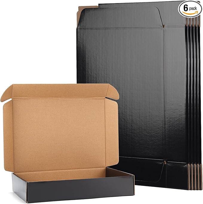 EXYGLO 6 Pack 11x8x2 Shipping Boxes, Black Corrugated Cardboard Boxes for Packaging Small Business, Moving, Shipping, Mailing, and Storing