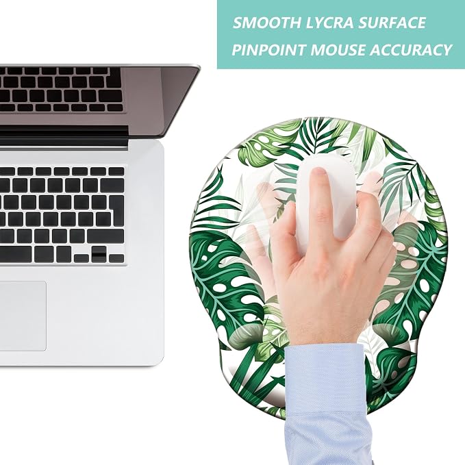 Mouse Pad with Wrist Support, Ergonomic Mouse Pad with Memory Foam Wrist Rest Cushion, Non-Slip Rubber Base Gaming Mice Pad for Home Office Computer Laptop, Green Frond