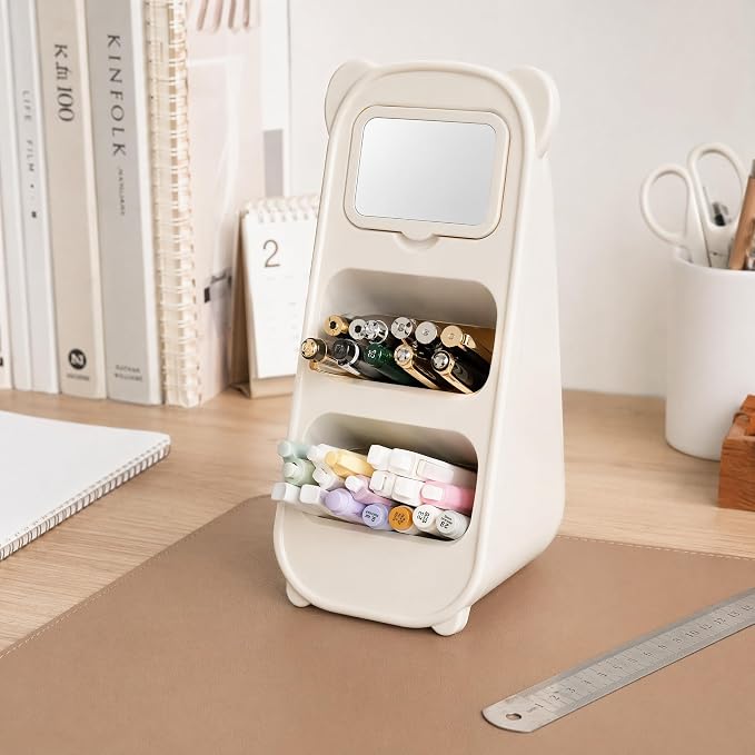 Cute Bear Pen Holder for Desk with Detachable Magnetic Mirror, Aesthetic Cream White Desk Organizer, 2-Compartment Pencil Cup Storage for Office & School