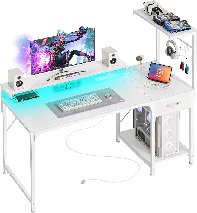 47.2 Inch Gaming Desk with LED Lights & Power Outlets | Computer Desk with Drawer & Storage Shelves, Office Writing Desk with Monitor Stand for Work from Home, White