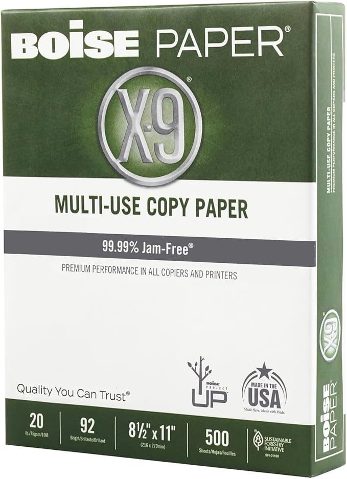 Boise X-9 Multiuse Copy Paper, Letter Size Paper, 20-Lb, Ream of 500 Sheets, Case of 5 Reams