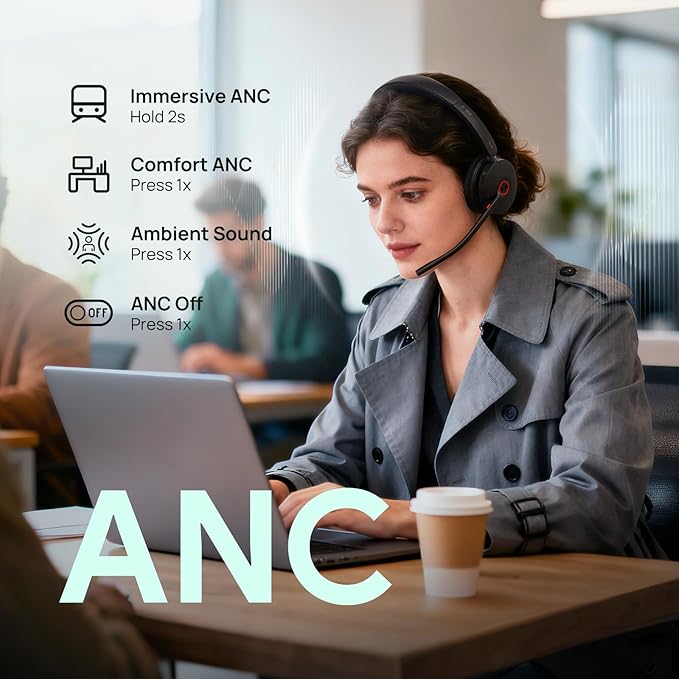 Yealink BH74 AI ANC Wireless Headset with Mic for Work with Charging Dock | 6 Hybrid ANC Mic Clear Call,Bluetooth Headset for Open Office Hybrid Work,Flip to Mute&32H Battery Life,UC Compatible,USB C/A