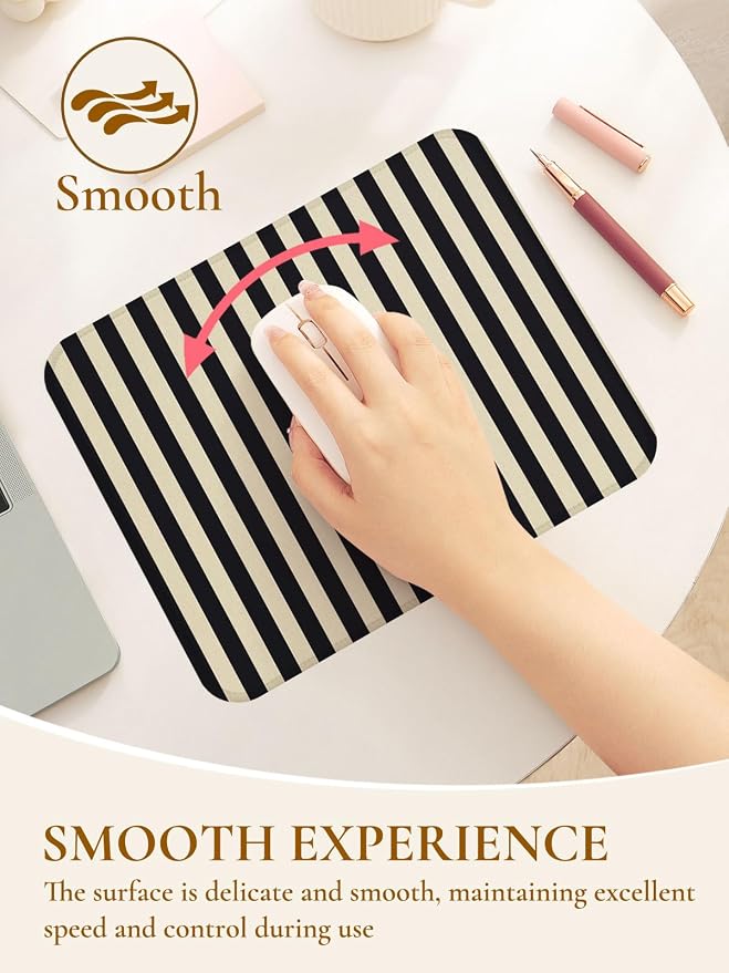 Square Cute Striped Mouse Pad with Stitched Edge, Premium Waterproof Cloth Aesthetic Small Stripe Mouse Mat, Non-Slip Rubber Base Funny Mousepad Desk Accessories,Striped Black Grey