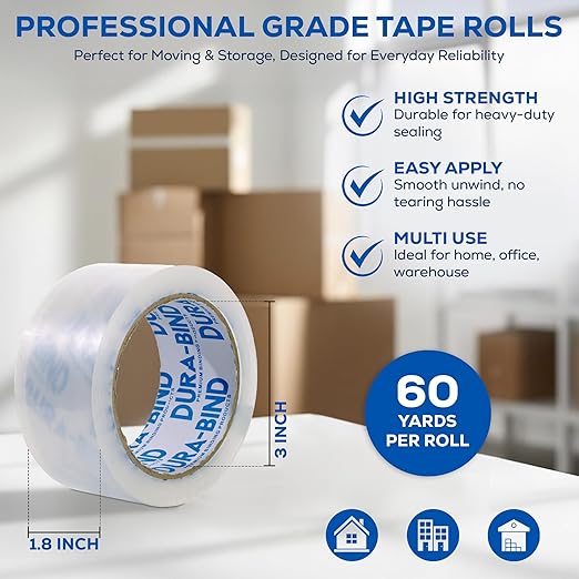 Durabind Heavy Duty Packing Tape 6 Pack. Rolls are 60 Yards x 2in. Tough Clear Tape for Shipping, Packing, Moving, Mailing, and All Box Types. Professional Grade. (6)