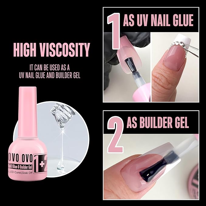 NOVO OVO French Tip Solution Kit, Including One Muti-function UV Nail Glue (also can work as Builder Gel) 10 ml, One Premium Top Coat 10ml for Pre-designed False Nail Tips Easy to Use 30 days lasting