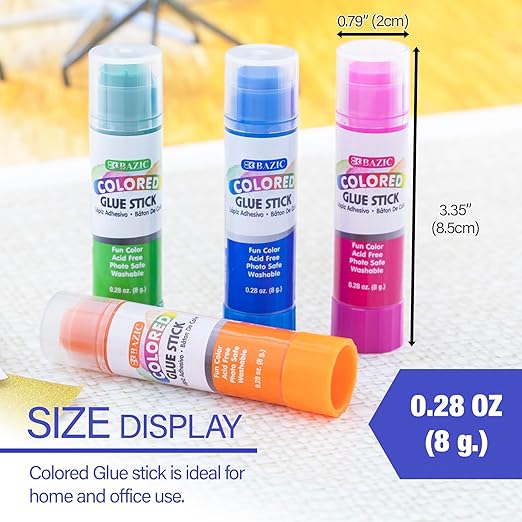BAZIC Products Washable Colored Glue Stick 8g/0.28 Oz, All Purpose Acid Glue Sticks for Kids Photos Paper Kids at School Home Office (4/Pack), 144-Pack