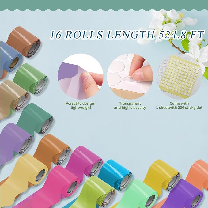 16 Rolls 524.8 Ft Pastel Bulletin Board Borders Set - Colorful Scalloped Trim for Classroom Decor, Office, School Decorations - Teacher Borders for Bulletin Boards, Wall & Theme Supplies
