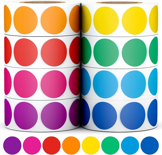 3/4" Round Color Coding Circle Dot Sticker Labels, 8 Colors | 8 Rolls (500/Roll)-4000 PCS, Self Adhesive Dots Stickers, For Toddler/Office/Family/Student Classroom, BPA free & Easy Peel