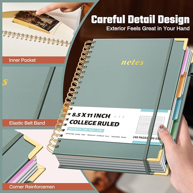 Hardcover Spiral Notebooks 8.5" X 11" Note Taking 5 Subject Notebook College Ruled with Dividers 240 Pages 100GSM Aesthetic Spiral Notebook for Work School Cute Journals for Women Writing, Light Green