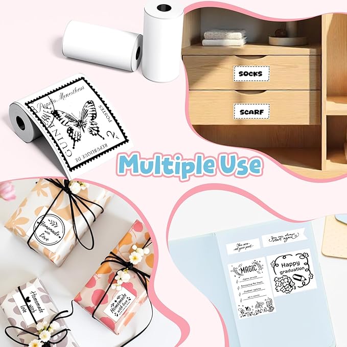 Phomemo White Sticker Paper- for Phomemo T02/T02Pro/Q02E/M02X/Y02C/Q02 Mini Printer, for Study Notes, Photo, DIY, Stickers, Image Time 10 Years, Black on White Sticky Paper, 50mm x3.5m, 3 Rolls