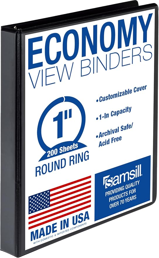 Samsill 1 Inch 3 Ring Binder, Economy Round Ring, Clear View Cover, 200 Sheet Capacity - for School, Home, Office - Black