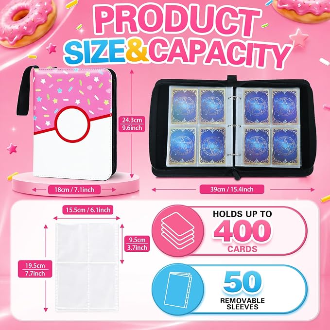 4 Pocket Card Binder 400 Card Holder Album, Pink Donut Trading Cards Holder Zipper Binder for Girl Teen Collection (Pink Donut, 400 Pocket)
