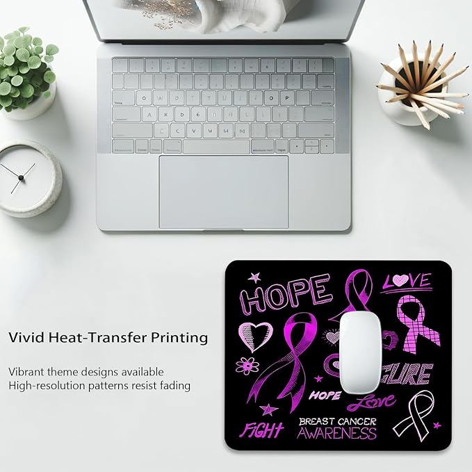 Breast Cancer Awareness Hope Love Fight Mouse Pad, Black Purple Desk Mat | Cute Mousepad Stitched, Anti-Slip Base Smooth Surface, 9.5 x 7.9 Inches