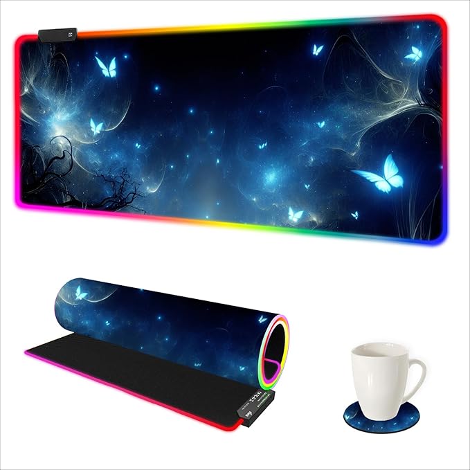 AIMSA RGB Gaming Mouse Pad XXL Large, Extended Glowing Led Light Up Cool Mouse pad Desk Pad Non-Slip Rubber Cute Mousepad Mat 35.4x15.8 Inch, Mysterious Glowing Butterfly
