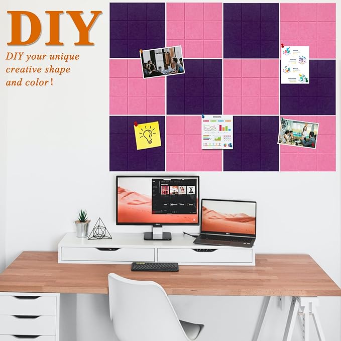 Large Square Felt Cork Board Tiles, Self Adhesive DIY Felt Bulletin Board with 35 Pushpins for Office School Home Wall Decor Stickers Memos (Purple & Pink)