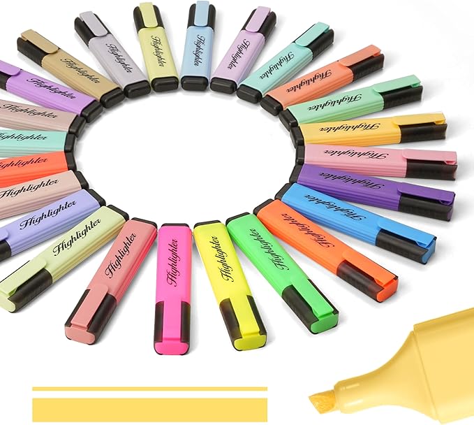 Mini Highlighters, 24 Assorted Quick-Dry Chisel Tip Marker Pens | 6 Bright & 18 Pastel Colors | Water-Based for Studying, Journaling & Office