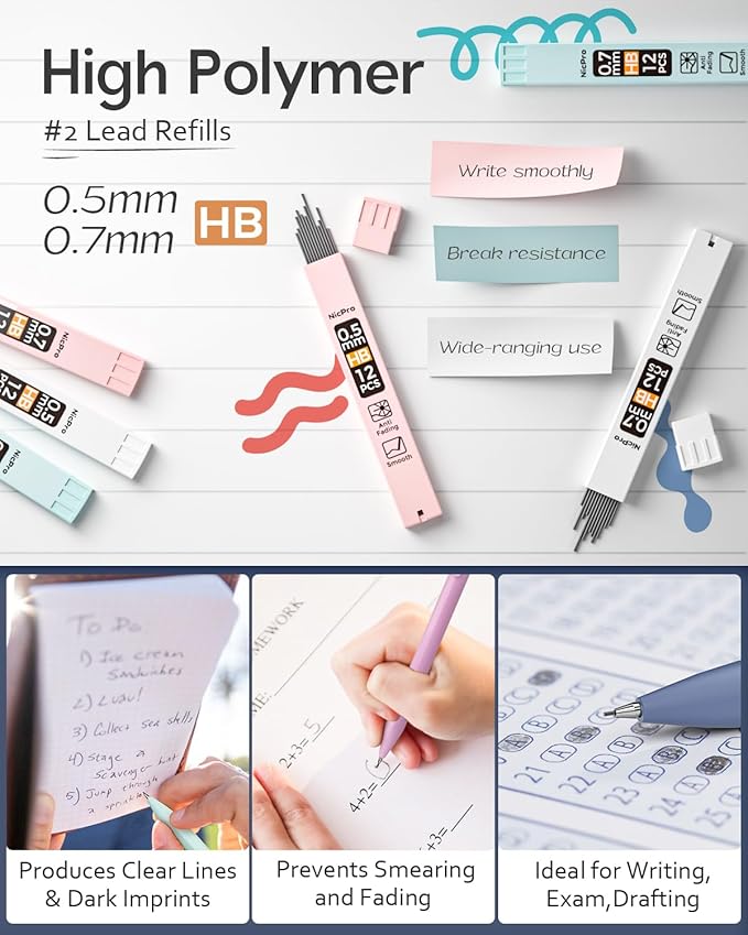 Nicpro Cute Mechanical Pencils Set, 6PCS Pastel 0.5 & 0.7mm Pencils with 6 Tubes HB Leads, Erasers & Refills, Aesthetic School Supplies for Girls, Preppy Stationery Gift for Writing Drawing Sketching