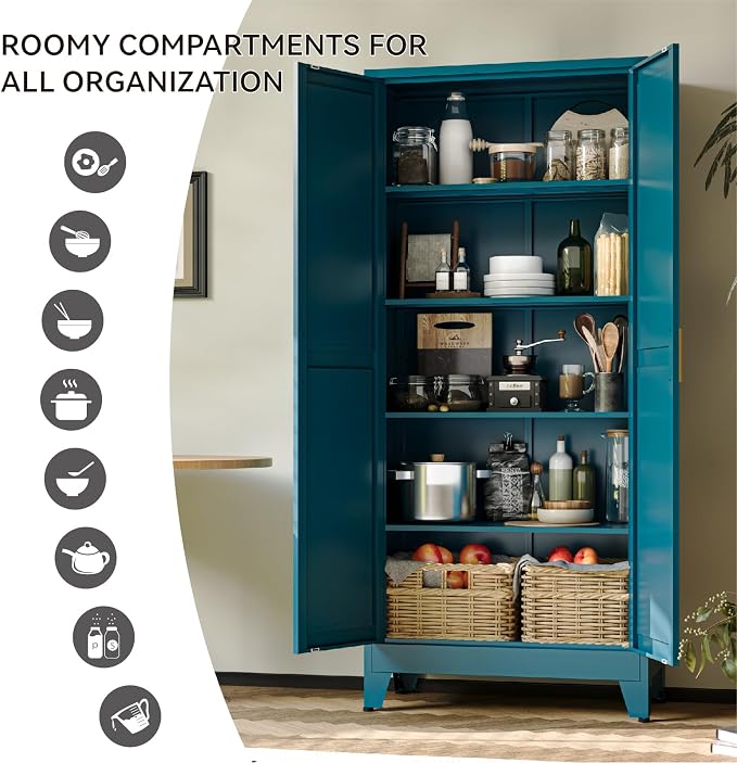 COFaR 71" Metal Pantry Cabinet in Peacock Blue, 5-Tier Storage with Adjustable Shelves, Modern Statement Cupboard for Kitchen, Bathroom & Living Room