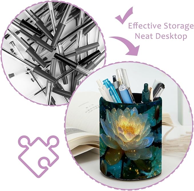 Leather Pen Holder for Desk, Water Lilies Pencil Cup Pen Organizer Makeup Brush Holder for Office Home Kids Countertop Desk Accessory Storage