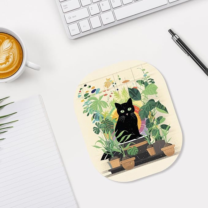 Small Mouse Pad, 6 x 7 Inch, Oval Mini Mouse Pad with Non-Slip Rubber Base for Laptop Wireless Mouse Keyboard Tray Mousepad, Cat on Flowerpot