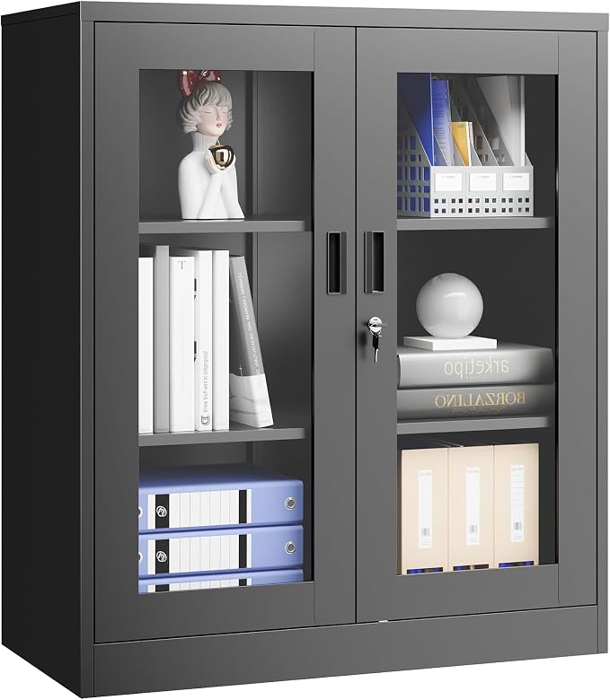 PEUKC Storage Cabinet with 2 Adjustable Shelves, 35.4 Inches Metal Curio Display Cabinet with 2 Acrylic Doors, Locking Glass Display Case for Home, Office, Pantry, Assemble Required (Black)