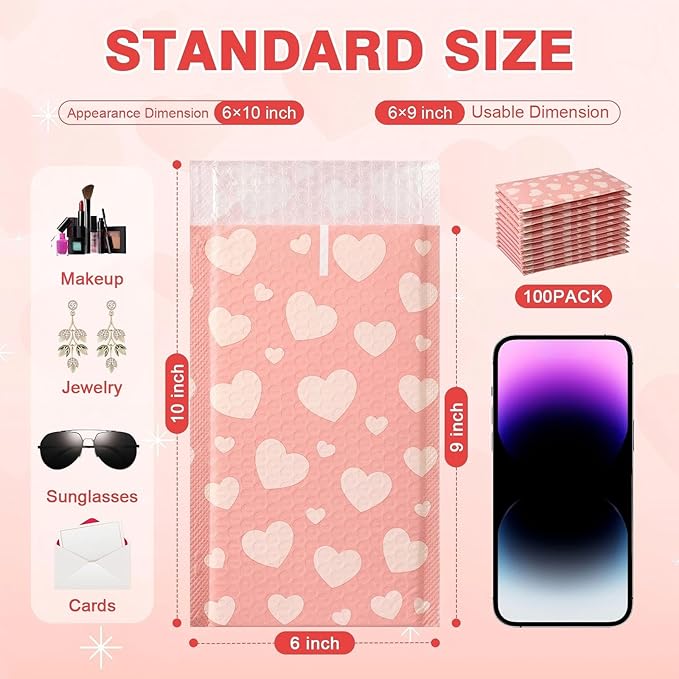 Tinlade 100 Pack Pink Bubble Mailers 6x10" Pink Heart Padded Envelopes Usable Size 6x9" Peel and Seal Waterproof Poly Mailers for Packaging, Shipping, Small Business, Boutique
